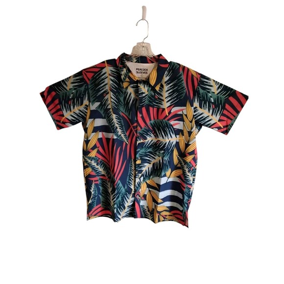 Peacock Sleeves Floral Beach Camp Hawaiian Button Up Shirt Mens Large - Picture 1 of 5